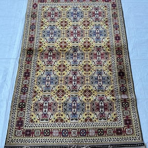 Gold Silver 3.3X5.5Ft Silk Rug, Afghan High Handmade 100%Silk Rug, Soft Pile Vintage Rug. Antique Turkmen Silk Wall Rug, Living Room 3x5 Rug