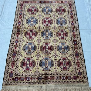 Gold Red 3.4x5 ft Afghan Antique silk rugs- Hand knotted silk High Quality Oriental silk carpet- Bukhara area silk rug, Living room silk rug