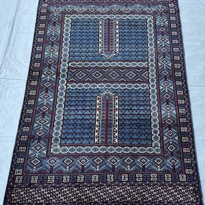 3.3x5.2 ft Bule 100% Silk rugs, Afghan Tribal High Quality Organic Dyes Silk Rug, hand knotted Silk carpet- Oriental Turkmen Bukhara  rugs.