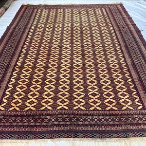 9X11 Creem Wool Rug/ Afghan Tribal Red Top Quality Hand Knotted Rug/Soft Pile Rug/ Luxury Area Rug/Oriental Turkman Rug/ Rug For Living Room