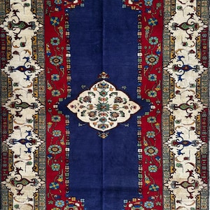 Tribal Blue Red 4x7 Carpet. Afghan High Quality Handwove Soft Pile Wool & Silk Rug/Veg Dyes Traditional Rug/Oriental Turkmen Rug/Living Room