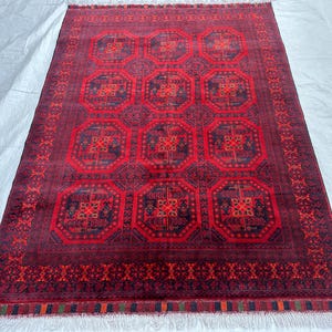 5X7 Belgic Wool Rug/ Afghan Tribal Red Top Quality Hand Knotted Rug/Soft Pile Rug/ Luxury Area Rug/Oriental Turkman Rug/ Rug For Living Room