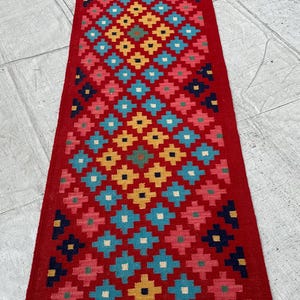 Red Blue 2.7x12.10 Ft Runner Kilim, Afghan Fine Quality Hand Knotted Kilim Rug, Organic Dyes Pure Wool Kilim, Oriental Turkoman Kilim Rug.
