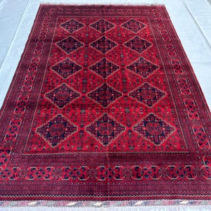Afghan 7x10 ft  Turkman Tribal Bukhara Rug, Red Dark Blue Area Rug, large Area Rug, hand knotted Rug, Turkish Rug,rug for livingroom 200x300