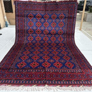 7X10 Blue Rug/ Afghan Tribal Fine Quality Hand Knotted Rug/ Soft Pile Wool Rug/ Veg Dyes Wool Rug/ Oriental Rug/ Rug For Living Room.