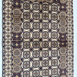Traditional Beige Black 3.4x5.1 Ft Carpet, Afghan High Quality Handwove Rug/Organic Dyes Pure Wool Rug/Oriental Turkoman Rug/Living Room Rug
