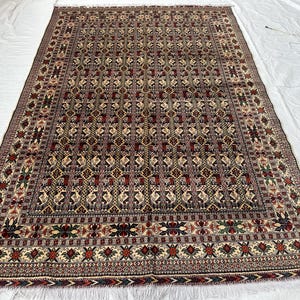 7X10 Beige Wool Rug/ Afghan Tribal Red Top Quality Hand Knotted Rug/Soft Pile Rug/ Luxury Area Rug/Oriental Turkman Rug/ Rug For Living Room