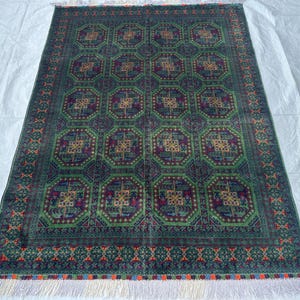 5X7 Green Wool Rug/ Afghan Tribal Red Top Quality Hand Knotted Rug/Soft Pile Rug/ Luxury Area Rug/Oriental Turkman Rug/ Rug For Living Room