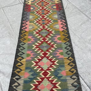 Red Blue 2.8x15.10 Ft Runner Kilim, Afghan Fine Quality Hand Knotted Kilim Rug, Organic Dyes Pure Wool Kilim, Oriental Turkoman Kilim Rug.