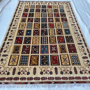 Beige Blue 6.8X9.10 Ft Area Rug, Afghan Tribal Fine Quality Hand Knotted Soft Pile Pure Wool Carpet, Veg Dyes Rug, Oriental Turkmen 7x10 Rug