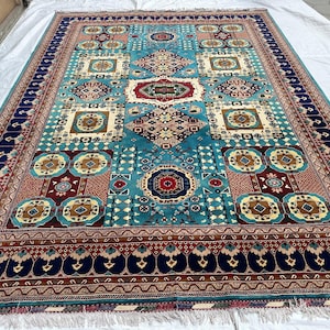 Afghan Turquoise 9.10X13.5 Ft Mamluk Rug, Oriental Top Quality Hand Knotted Area Rug, Soft Pile Wool Rug, Veg Dyes Rug,Tribal Turkmen Carpet