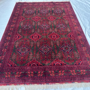 7X10 Green Wool Rug/ Afghan Tribal Red Top Quality Hand Knotted Rug/Soft Pile Rug/ Luxury Area Rug/Oriental Turkman Rug/ Rug For Living Room