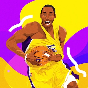 May include: A basketball player wearing a yellow and purple jersey with the text "LA" on the front, dribbling a basketball. The player is wearing a wristband with the letters "KB" on it.