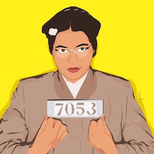 May include: A black and white illustration of a woman wearing glasses and a brown jacket. She is holding a white sign with the number "7053" on it.
