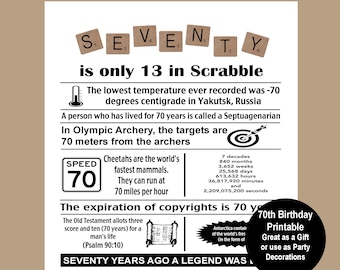 May include: Black and white printable 70th birthday poster with the word "SEVENTY" spelled out in Scrabble tiles. The poster includes facts about the number 70, such as the lowest temperature ever recorded, the speed of a cheetah, and the expiration of copyrights. The poster also includes the text "Cheers to 70 Years" and a graphic of a scroll.