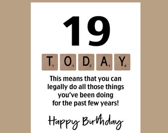19th Birthday Card, Funny Birthday Card, The Big 19, Scrabble Birthday Card, Scrabble Card, 2005 Birthday Card