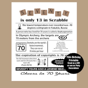 70th Birthday Digital Print, 70th Birthday Party Decor, 1955 Birthday Gift, Fun Facts 1955, 70 Scrabble Printable Sign, Instant Download
