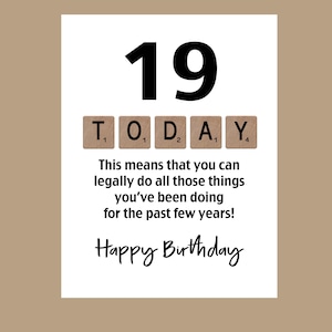Carte d'anniversaire 19 ans, carte d'anniversaire drôle, The Big 19, carte d'anniversaire de Scrabble, carte de Scrabble, carte d'anniversaire de 2005
