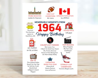 60th Birthday Card, Sixty Birthday, 1964 Canada Facts Birthday Card, Milestone Birthday, The Big 60, 1964 Birthday Card Mom, Dad