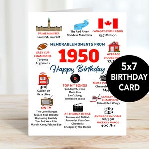 Carte du 75e anniversaire, carte des faits du Canada 1950, anniversaire important, carte vintage 1950, The Big 75, carte d'anniversaire 1950 pour homme