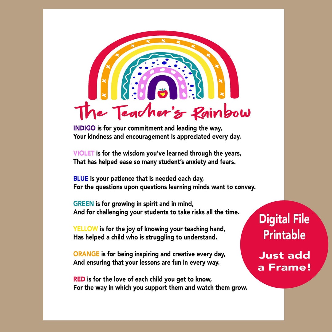 Teacher Rainbow Poem Elementary Teacher Appreciation Etsy