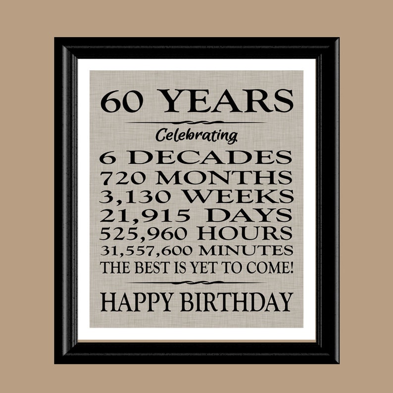 May include: A black and white printable poster with the text "60 Years Celebrating 6 Decades 720 Months 3,130 Weeks 21,915 Days 525,960 Hours 31,557,600 Minutes The Best Is Yet To Come! Happy Birthday"