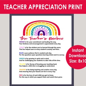 Teacher Rainbow Poem, Elementary Teacher Appreciation Printable, Teacher Poem Printable, Last Minute Teacher Gift, Preschool Teacher Gift