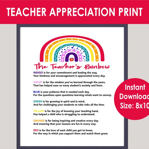 Teacher Rainbow Poem, Elementary Teacher Appreciation Printable, Teacher Poem Printable, Last Minute Teacher Gift, Preschool Teacher Gift