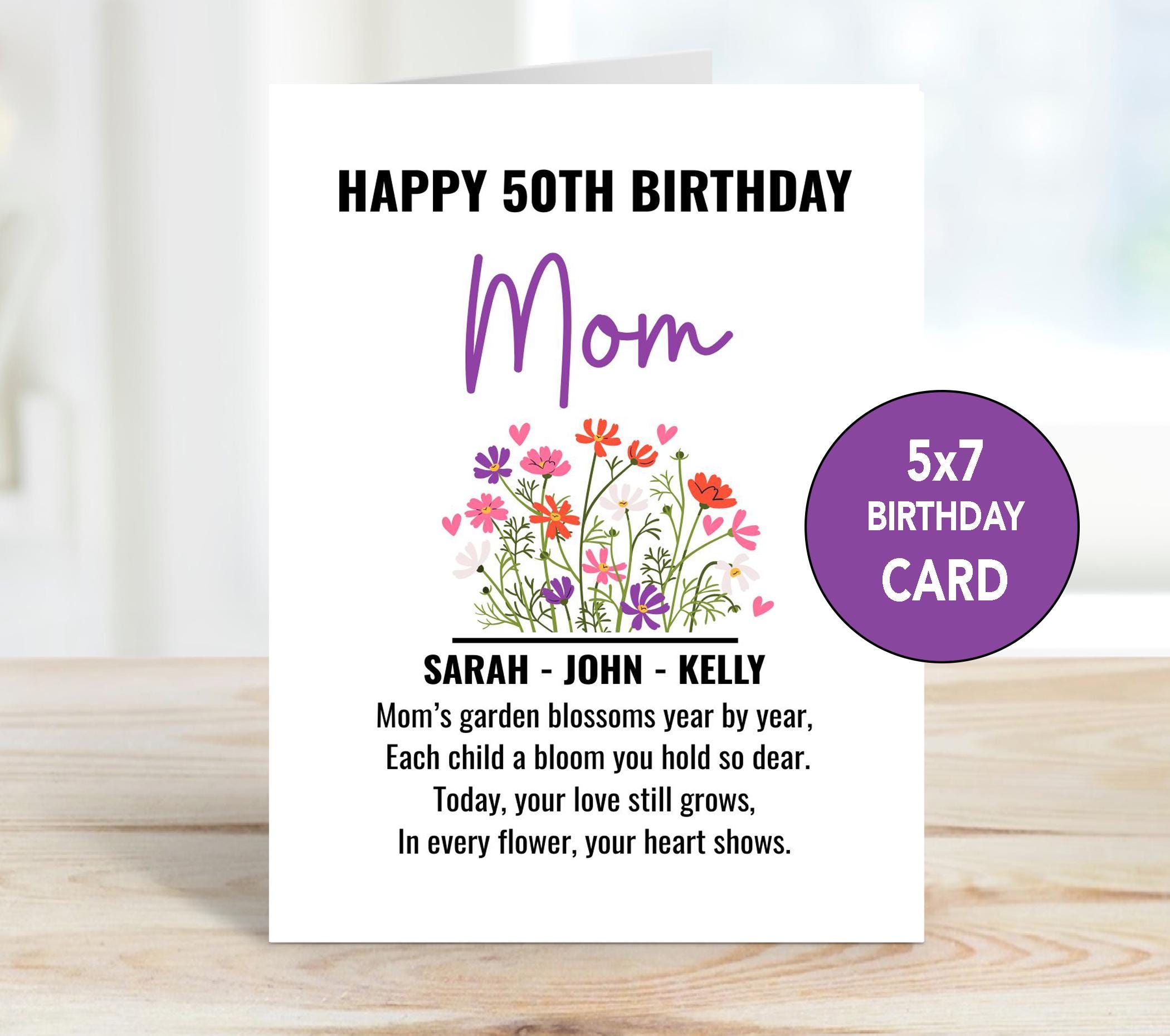 Mom Personalized Birthday Card, Card for Mom, Birthday Card, Flower Birthday Card, Birthday Poem, 50th, 60th, 70th, 80th Birthday Card