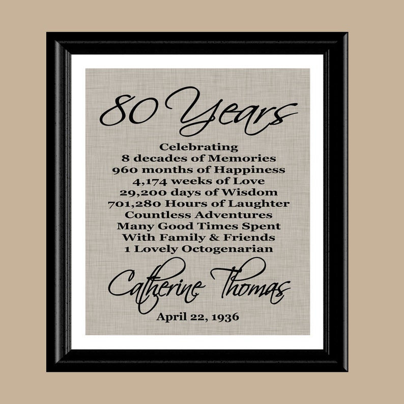 80th Birthday Print Gift, 1944 Birthday Gift, Personalized Print, Printable 80th Birthday, Gift for Mom Dad Grandma Grandpa, Digital Print image 2