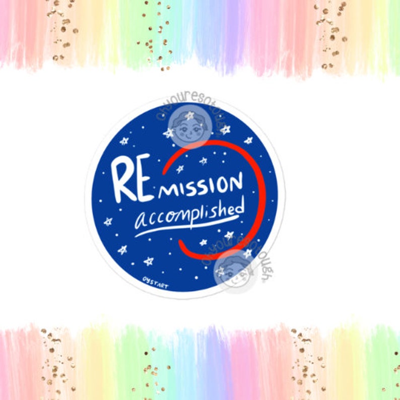 May include: A blue and red round sticker with white stars and the text "REmission accomplished" in white. The sticker has a white border and the word "OYSTART" in white at the bottom.