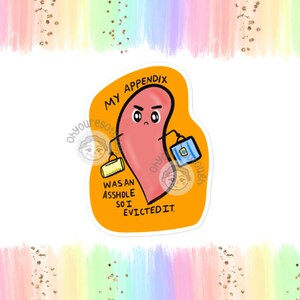 May include: A sticker featuring a cartoon appendix with an angry expression, carrying two briefcases. The text reads "MY APPENDIX WAS AN ASSHOLE SO I EVICTED IT" on an orange background, with a rainbow and gold glitter design.