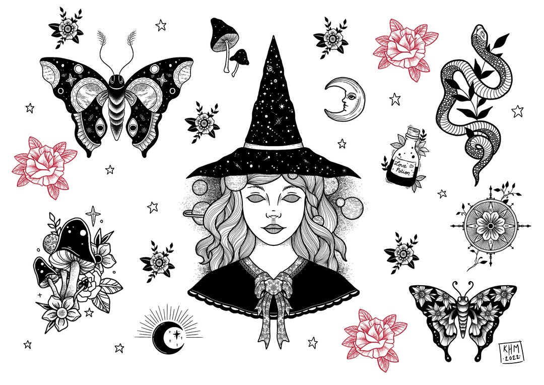 Witch Tattoo Flash Sheet 2 Etsy