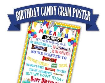 May include: A yellow and white polka dot background with a colorful birthday card. The card has a red, white, and blue banner with the text "Make a Wish". The card also has a variety of candy bars and other treats with the text "Happy Birthday!" and "Love Your".