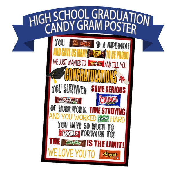 Poster Candy Gram per la scuola superiore, Poster Candy Bar, Regalo di laurea, Fine scuola, Poster di laurea, Biglietto di laurea, Laurea