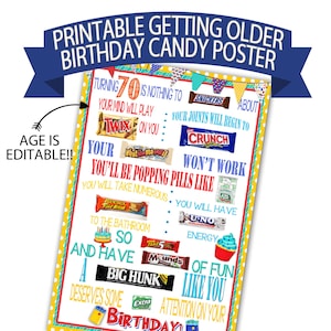 Cartel de cumpleaños envejeciendo, cartel de Candy Bar, regalo de cumpleaños de amigo, regalo de cumpleaños imprimible, cartel de caramelo, cartel de Candy Gram, imprimible