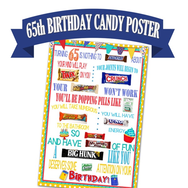 Affiche du 65e anniversaire, affiche de la barre chocolatée, cadeau d'anniversaire pour un ami, cadeau d'anniversaire imprimable, affiche Candy Gram, cadeau d'anniversaire imprimable, soixante