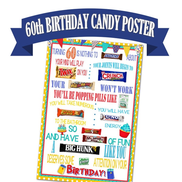 60th Birthday Poster, Candy Bar Poster, Birthday Gift for Friend, Printable Birthday Gift, Candy Gram Poster, Birthday Gift Printable, Sixty