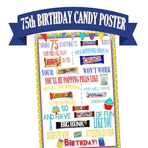 Cartel de cumpleaños número 75, cartel de Candy Bar, regalo de cumpleaños de amigo, regalo de cumpleaños imprimible, cartel de Candy Gram, regalo de cumpleaños imprimible, setenta