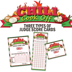 Tarjetas de puntuación de Chili Cook Off, tarjetas de puntuación de los jueces de Chili Cook Off, suministros para fiestas de Chili Cook Off, Chili Cookoff, Chili Cook Off Party, Chili