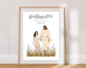 May include: Framed art print featuring an illustration of two figures walking hand-in-hand through a field of flowers. The text "Walk With Me" is written in blue script at the top, with a Bible verse below. The artwork is in a light wooden frame.