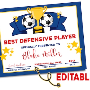 Premi della squadra di calcio, File PDF modificabile, Certificati di calcio, Premi di fine stagione, Certificati di squadra, Premi di riconoscimento della squadra, Stampa