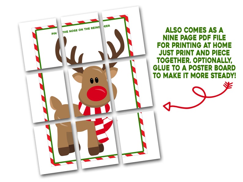 Ponle la nariz al reno, Imprimible, Juego de fiesta de clase navideña, Tamaño del póster Ponle la nariz al reno, 20x30, 18x24, Vacaciones imagen 3