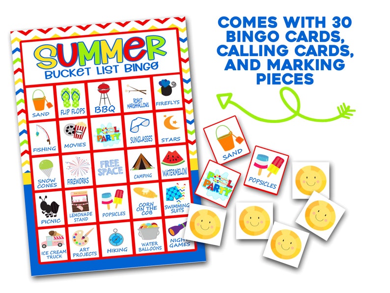 Puede incluir: Un juego de bingo de lista de cubos de verano colorido con 30 tarjetas de bingo, tarjetas de llamada y piezas de marcado. La tarjeta de bingo presenta im&aacute;genes de actividades de verano como nadar, acampar y fuegos artificiales. Las tarjetas de llamada presentan im&aacute;genes de las actividades en la tarjeta de bingo. Las piezas de marcado son caras sonrientes amarillas.