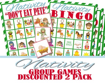 May include: Two green and red bingo cards with a Nativity theme. The cards have images of a donkey, a rooster, a star, a manger, a sheep, a king, and other Nativity symbols. The cards are labeled "Nativity Bingo" and "Don't Eat Pete".