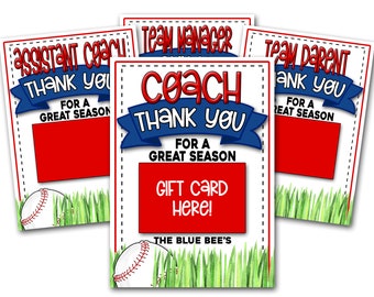 May include: Three printable thank you cards for a baseball coach, assistant coach, and team parent. Each card features a red and blue color scheme with a baseball graphic and the text "Thank You for a Great Season".