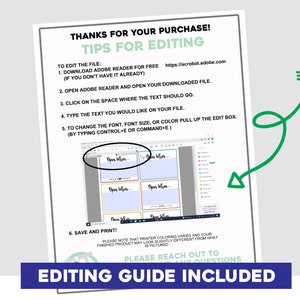 May include: A guide with instructions on how to edit a digital file using Adobe Reader. The guide includes steps on how to open the file, click on the space where text should go, type text, change the font, font size, or colour, and save and print the file. The guide also includes a screenshot of the Adobe Reader interface.