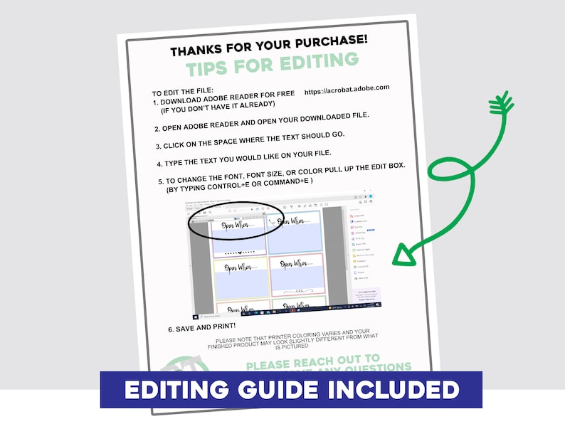 May include: A guide with instructions on how to edit a digital file using Adobe Reader. The guide includes steps on how to open the file, click on the space where text should go, type text, change the font, font size, or colour, and save and print the file. The guide also includes a screenshot of the Adobe Reader interface.