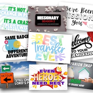 Op de afbeelding: Een verzameling kaarten met verschillende tekstontwerpen. Eén kaart leest: "It's Not a Change in Plan, It's a Crazy Plot Twist." Een andere zegt "Missionary Season 2." Andere kaarten zeggen "Best Transfer Ever" en "Even Heroes Need Rest".