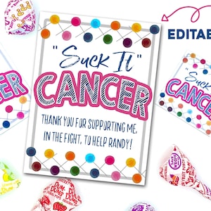 Collecte de fonds contre le cancer, Cadeaux contre le cancer, Suck It Cancer, Carte contre le cancer, Modifiable, Article de panier-cadeau contre le cancer, Étiquette imprimable, Forfait de soins contre le cancer,